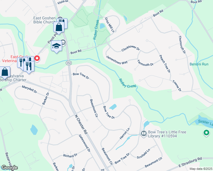 map of restaurants, bars, coffee shops, grocery stores, and more near 1623 Eldridge Drive in West Chester