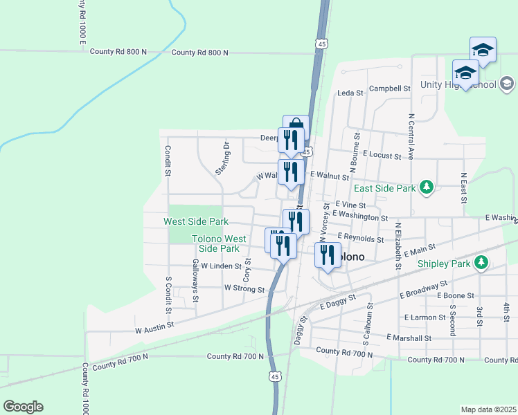 map of restaurants, bars, coffee shops, grocery stores, and more near 306 Cory Street in Tolono