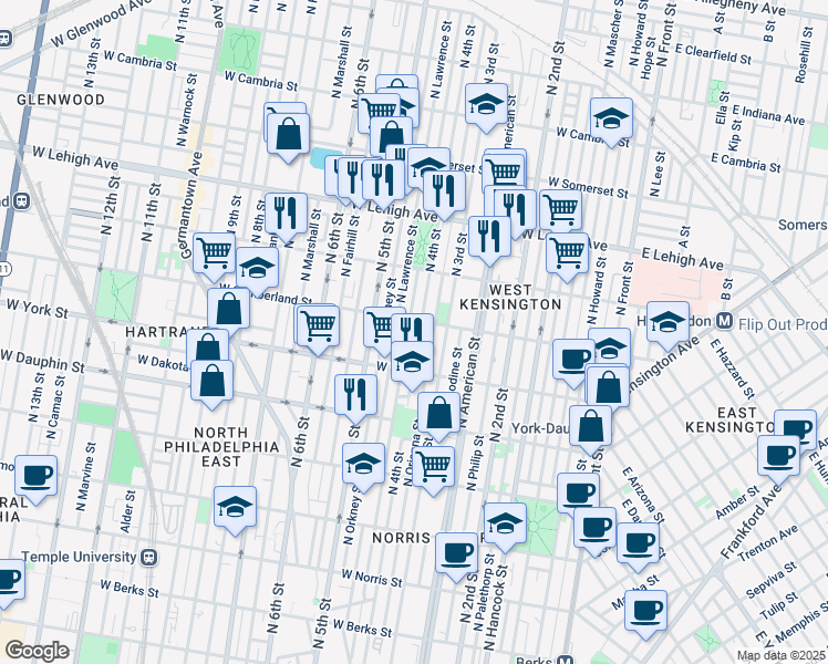 map of restaurants, bars, coffee shops, grocery stores, and more near 2456 North 4th Street in Philadelphia