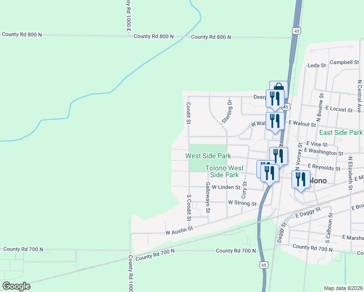 map of restaurants, bars, coffee shops, grocery stores, and more near 604 Sharon Street in Tolono
