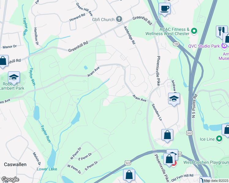 map of restaurants, bars, coffee shops, grocery stores, and more near 1905 Fitzgerald Lane in West Chester