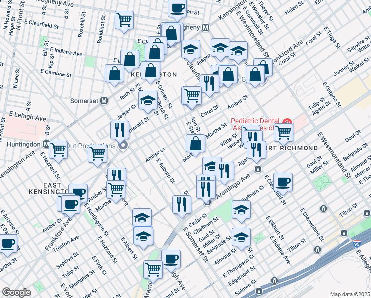 map of restaurants, bars, coffee shops, grocery stores, and more near 2137 East Birch Street in Philadelphia