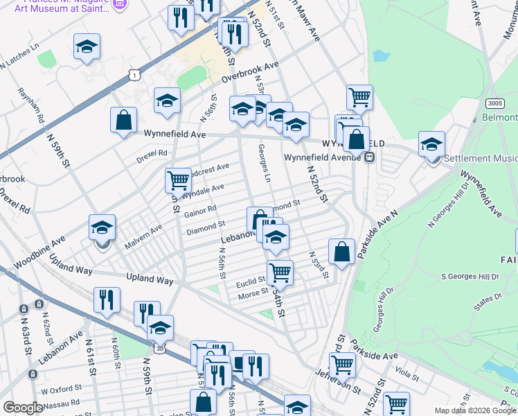map of restaurants, bars, coffee shops, grocery stores, and more near 5361 Diamond Street in Philadelphia