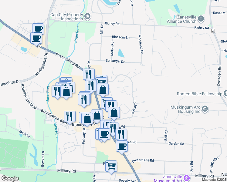 map of restaurants, bars, coffee shops, grocery stores, and more near 3574 Chesapeake Drive in Zanesville