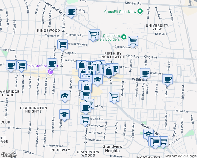 map of restaurants, bars, coffee shops, grocery stores, and more near 1349 West 5th Avenue in Columbus