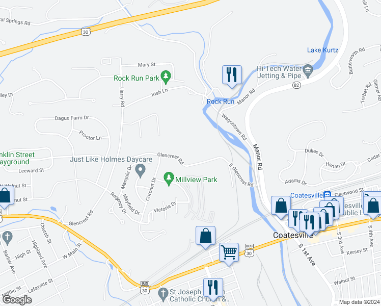 map of restaurants, bars, coffee shops, grocery stores, and more near 359 Glencrest Road in Coatesville