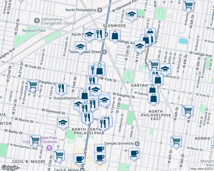 map of restaurants, bars, coffee shops, grocery stores, and more near 2333 North Park Avenue in Philadelphia
