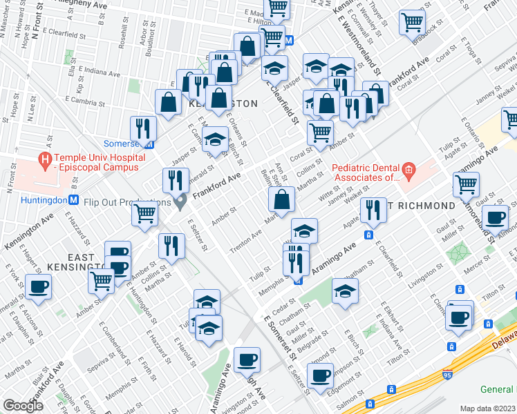 map of restaurants, bars, coffee shops, grocery stores, and more near 2125 East Monmouth Street in Philadelphia