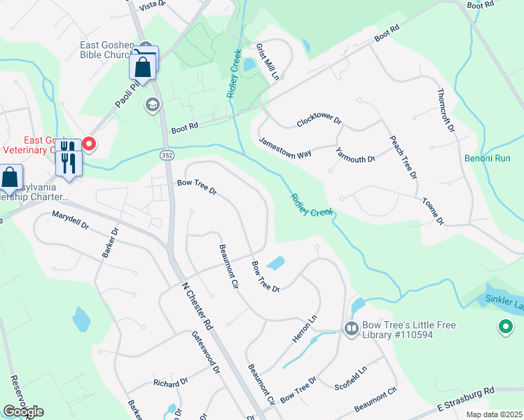 map of restaurants, bars, coffee shops, grocery stores, and more near 1623 Eldridge Drive in West Chester