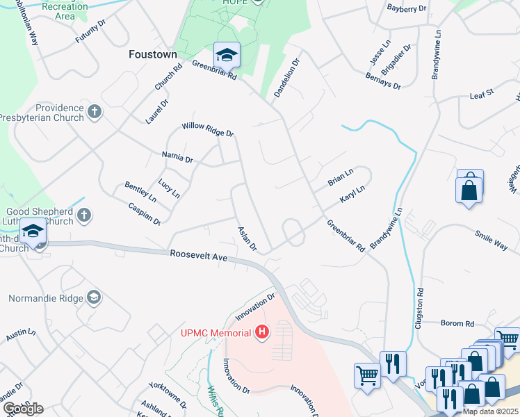map of restaurants, bars, coffee shops, grocery stores, and more near 757 Willow Ridge Drive in York