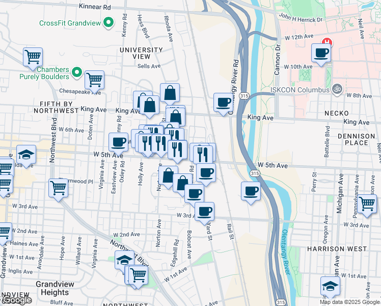 map of restaurants, bars, coffee shops, grocery stores, and more near 850 West 5th Avenue in Columbus