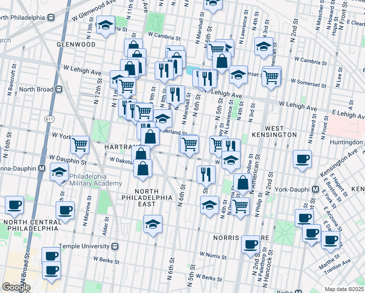 map of restaurants, bars, coffee shops, grocery stores, and more near 2422 North Marshall Street in Philadelphia
