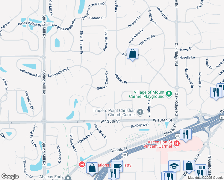map of restaurants, bars, coffee shops, grocery stores, and more near 13716 Thistlewood Drive West in Carmel