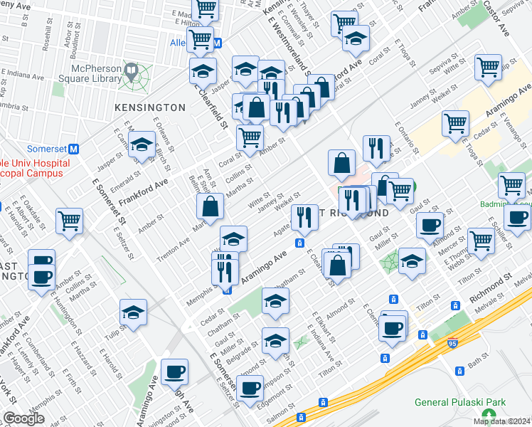 map of restaurants, bars, coffee shops, grocery stores, and more near 3082 Weikel Street in Philadelphia