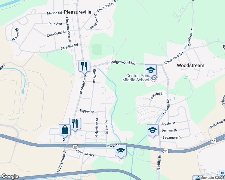map of restaurants, bars, coffee shops, grocery stores, and more near 1209 Hillside Court in York
