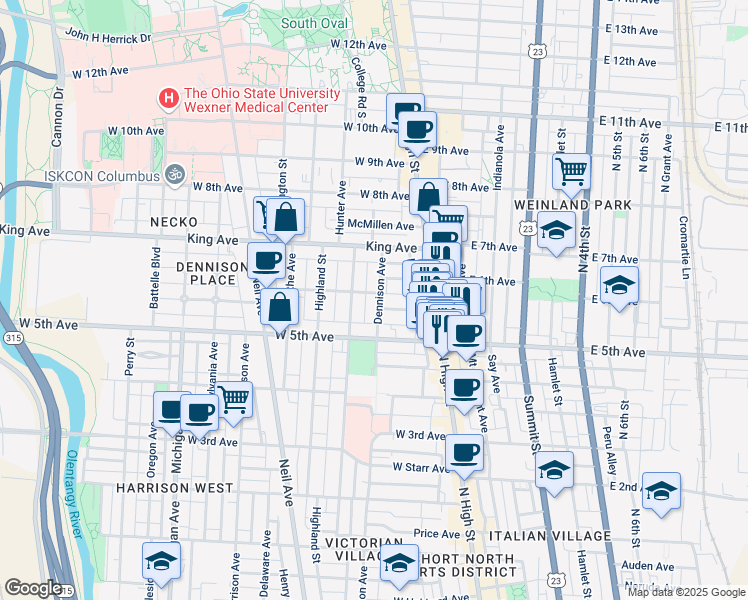 map of restaurants, bars, coffee shops, grocery stores, and more near 1293 Dennison Avenue in Columbus