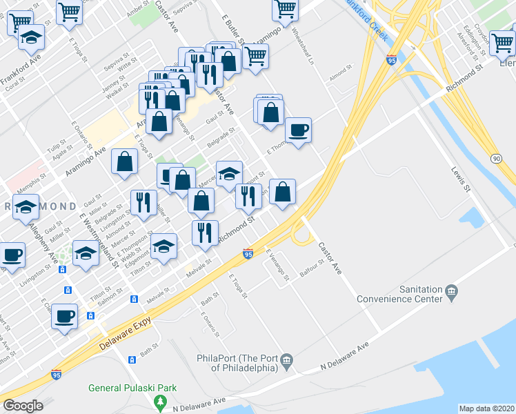 map of restaurants, bars, coffee shops, grocery stores, and more near 2752 East Pacific Street in Philadelphia
