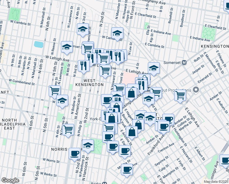 map of restaurants, bars, coffee shops, grocery stores, and more near 2528 Hope Street in Philadelphia