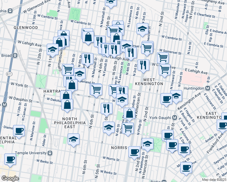 map of restaurants, bars, coffee shops, grocery stores, and more near 2442 North Orkney Street in Philadelphia