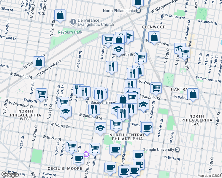 map of restaurants, bars, coffee shops, grocery stores, and more near 1601 West Dauphin Street in Philadelphia