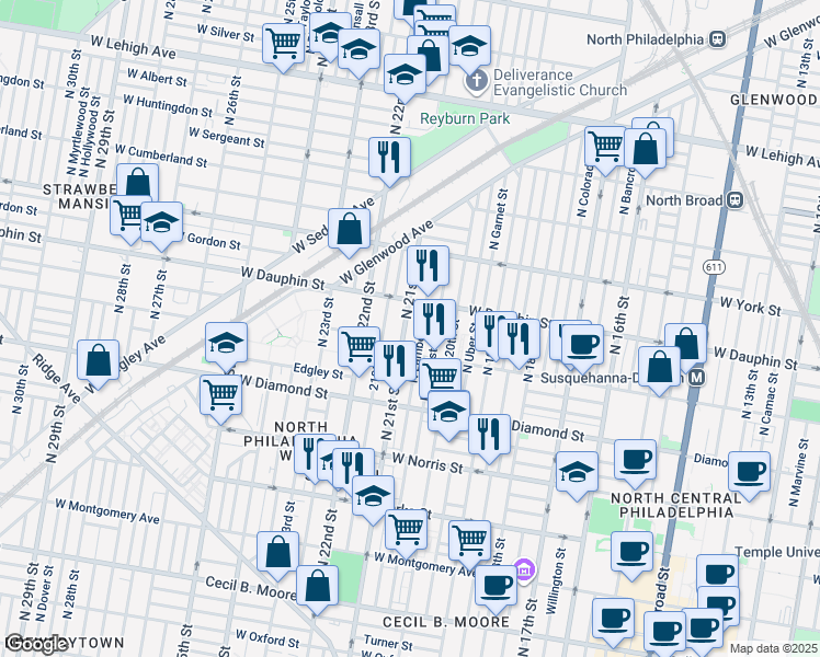 map of restaurants, bars, coffee shops, grocery stores, and more near 2231 North 21st Street in Philadelphia