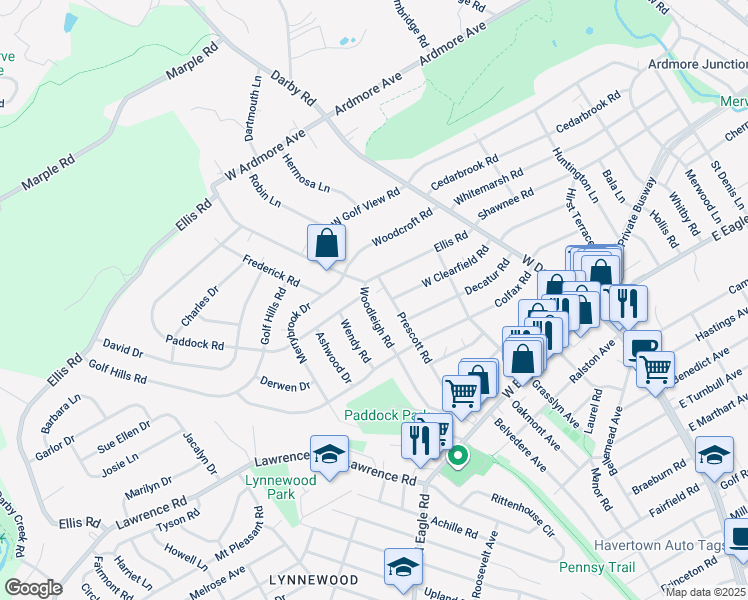 map of restaurants, bars, coffee shops, grocery stores, and more near 2719 Woodleigh Road in Havertown