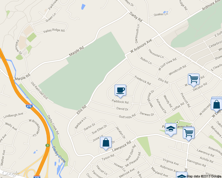 map of restaurants, bars, coffee shops, grocery stores, and more near 628 Paddock Road in Havertown