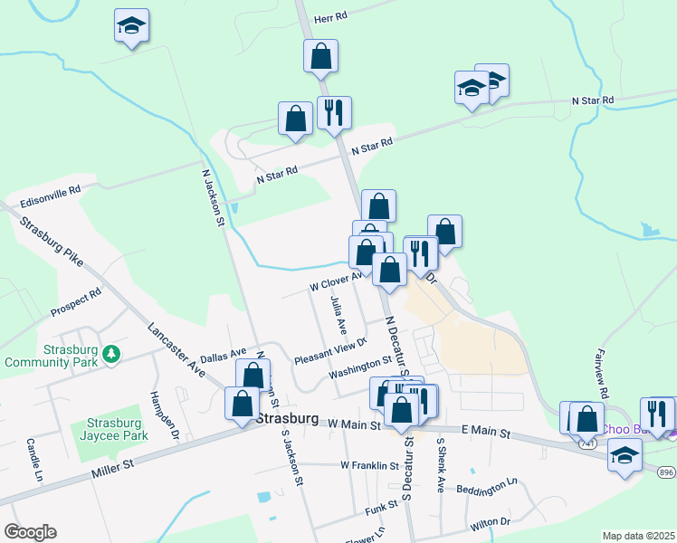 map of restaurants, bars, coffee shops, grocery stores, and more near 29 Clover Avenue in Strasburg