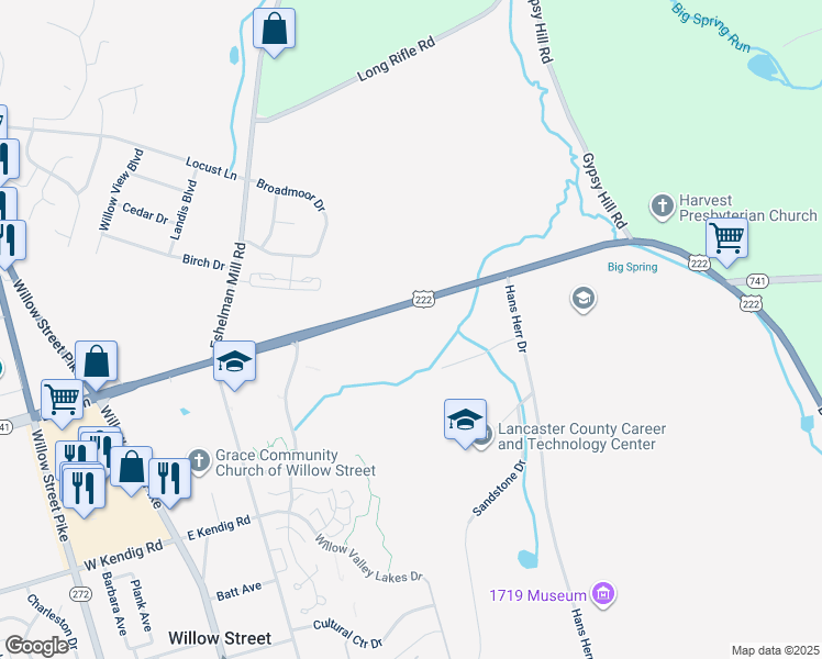 map of restaurants, bars, coffee shops, grocery stores, and more near 314 Beaver Valley Pike in Willow Street
