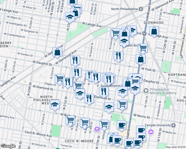 map of restaurants, bars, coffee shops, grocery stores, and more near 2258 North Gratz Street in Philadelphia