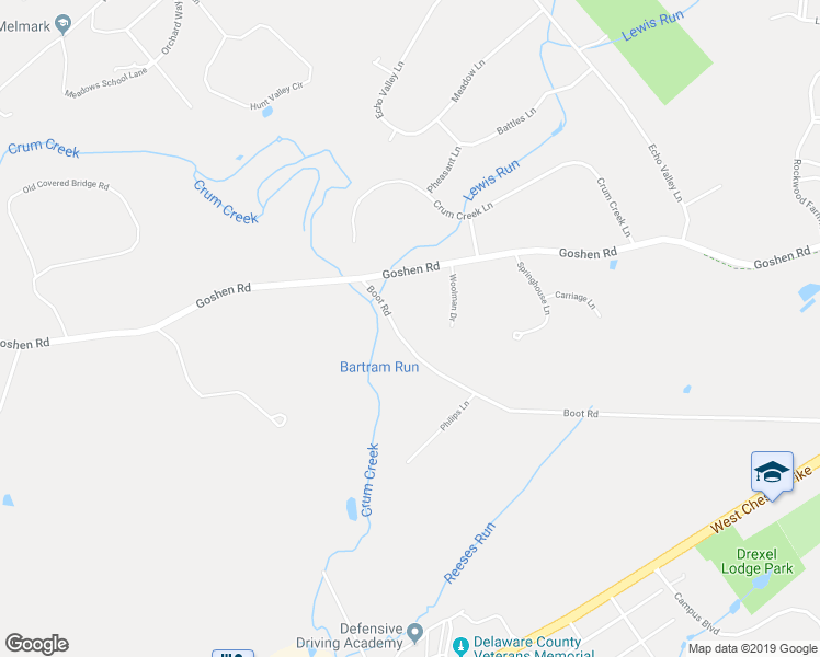 map of restaurants, bars, coffee shops, grocery stores, and more near 109 Boot Road in Newtown Square