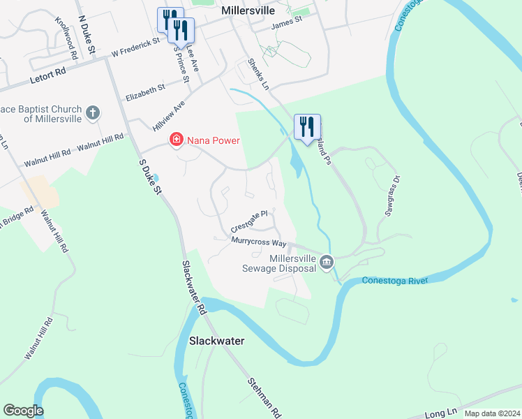 map of restaurants, bars, coffee shops, grocery stores, and more near 646 Crestgate Place in Millersville