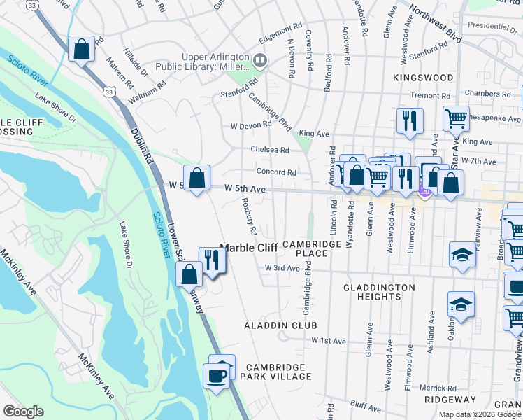 map of restaurants, bars, coffee shops, grocery stores, and more near 1593 Arlington Avenue in Marble Cliff