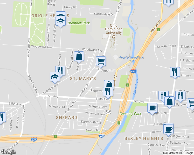 map of restaurants, bars, coffee shops, grocery stores, and more near 984 Sunbury Road in Columbus
