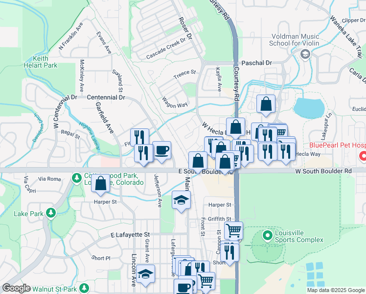 map of restaurants, bars, coffee shops, grocery stores, and more near 1724 Steel Street in Louisville