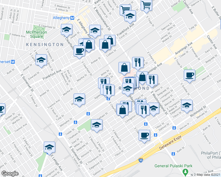 map of restaurants, bars, coffee shops, grocery stores, and more near 3154 Memphis Street in Philadelphia