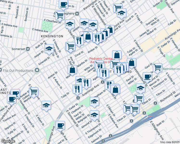 map of restaurants, bars, coffee shops, grocery stores, and more near 3059 Janney Street in Philadelphia
