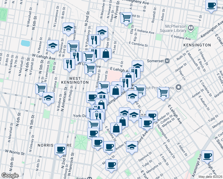 map of restaurants, bars, coffee shops, grocery stores, and more near 2535 North Lee Street in Philadelphia