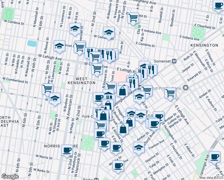 map of restaurants, bars, coffee shops, grocery stores, and more near 2535 North Lee Street in Philadelphia