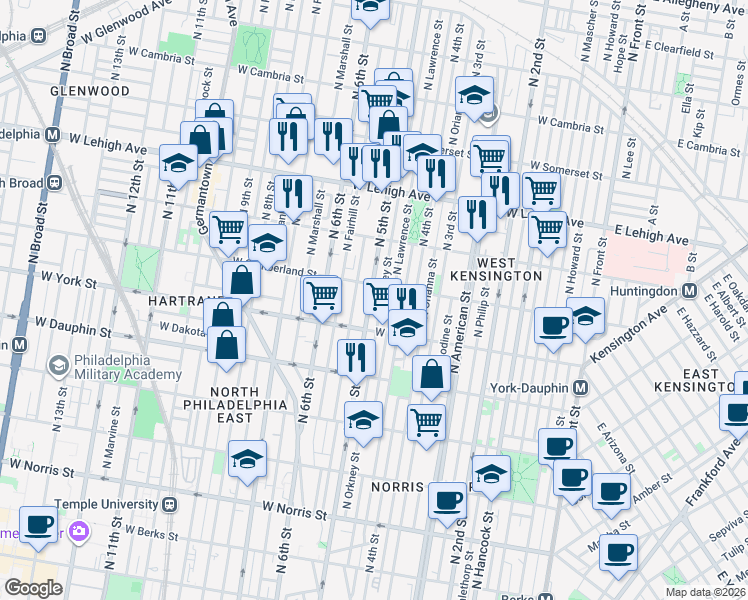 map of restaurants, bars, coffee shops, grocery stores, and more near 2427 North 5th Street in Philadelphia