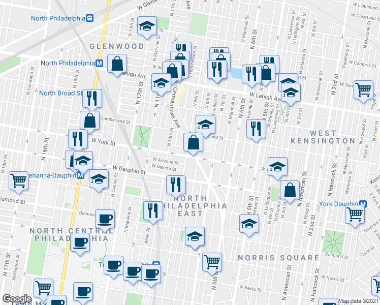 map of restaurants, bars, coffee shops, grocery stores, and more near 2406 Germantown Avenue in Philadelphia