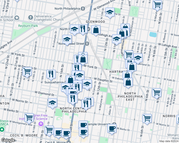 map of restaurants, bars, coffee shops, grocery stores, and more near in Philadelphia