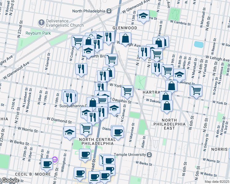 map of restaurants, bars, coffee shops, grocery stores, and more near in Philadelphia