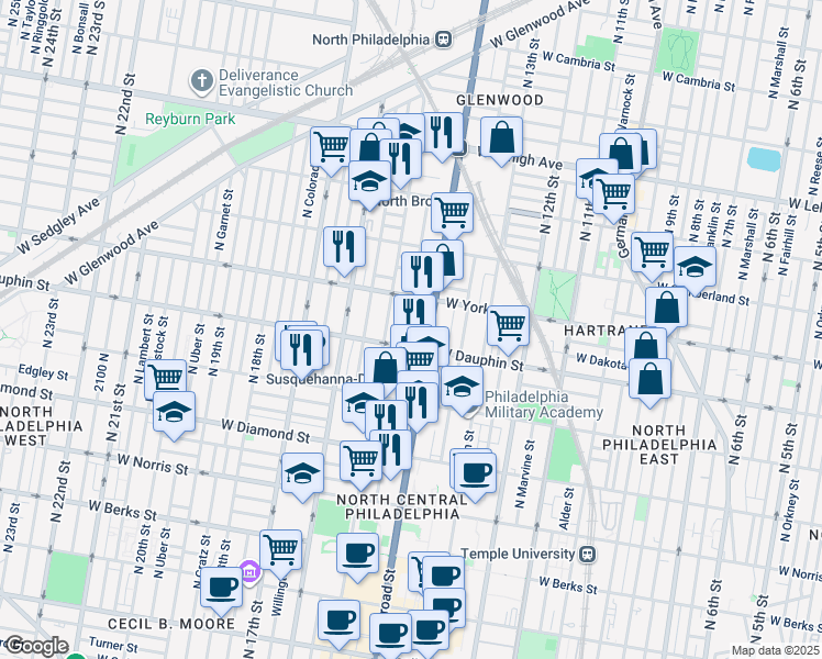 map of restaurants, bars, coffee shops, grocery stores, and more near 2320 North Broad Street in Philadelphia