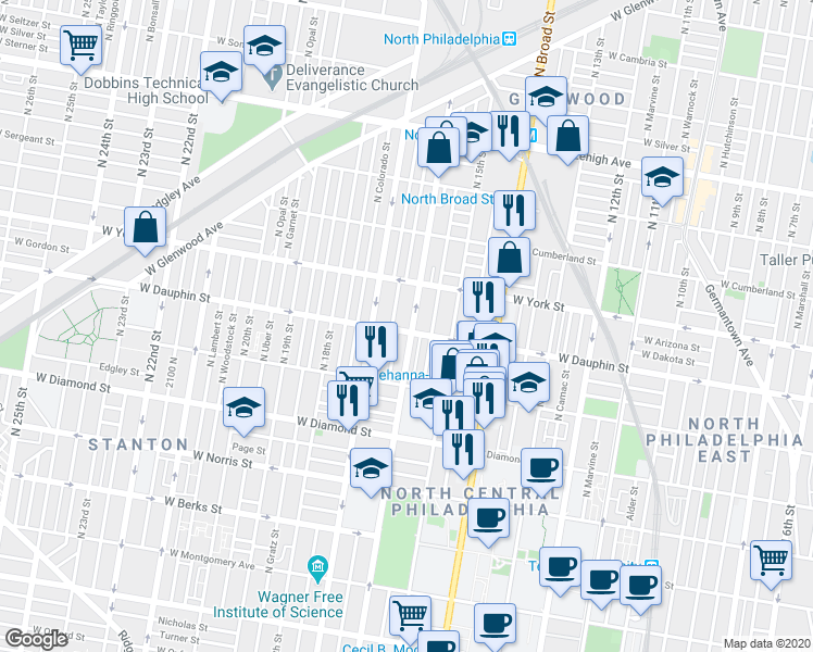 map of restaurants, bars, coffee shops, grocery stores, and more near 1543 West Dauphin Street in Philadelphia