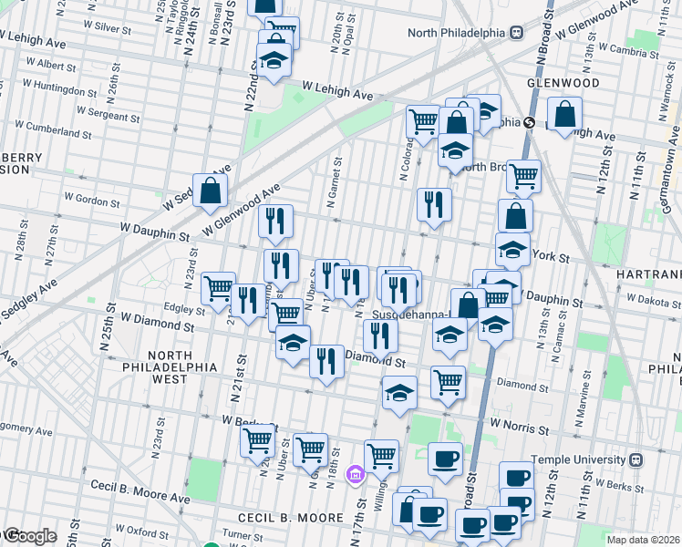 map of restaurants, bars, coffee shops, grocery stores, and more near 2258 North Gratz Street in Philadelphia
