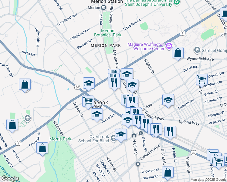 map of restaurants, bars, coffee shops, grocery stores, and more near 6301 Overbrook Avenue in Philadelphia