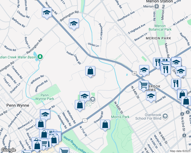 map of restaurants, bars, coffee shops, grocery stores, and more near 100 E Lancaster Ave in Wynnewood