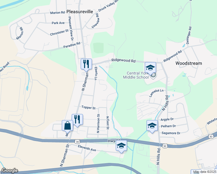 map of restaurants, bars, coffee shops, grocery stores, and more near 1209 Hillside Court in York