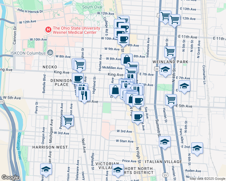 map of restaurants, bars, coffee shops, grocery stores, and more near 1293 Dennison Avenue in Columbus